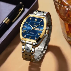 JSDUN Men's Luxury Stainless Steel Automatic Mechanical Watch - Luminous Self-Winding Chronograph, Golden-Tone Bezel & Black Dial, Multi-Functional Analog Watch with Date/Day/Day of Week/24Hr Time, Elegant Dress Watch for Business & Casual Attire, Durable