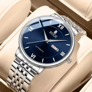 Men's Luxury Watch - Winding Analog Chronograph with Stainless Steel Strap, Golden-Tone Hands & White Dial, Elegant Business Dress Watch for /Special Occasions, No /