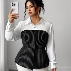 Plus Size Contrast Placket Blouse