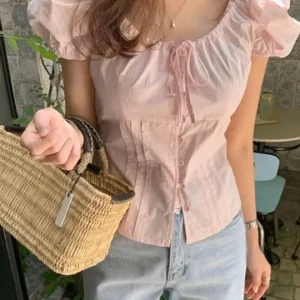 Fitting Belted Puff Sleeve Placket Blouse